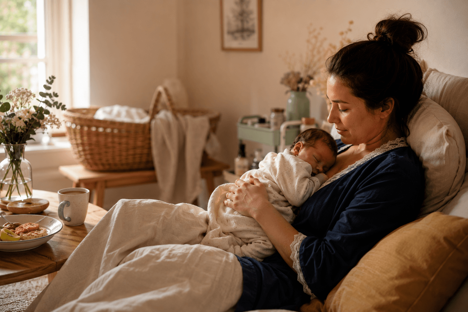 Maman avec son bébé en post-partum, qui peut se reposer.