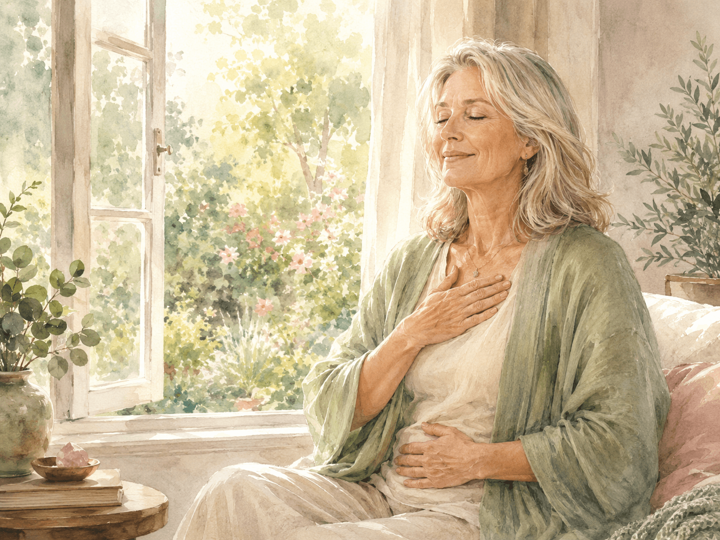 Woman taking a quiet moment to breathe in a peaceful, sunlit setting.