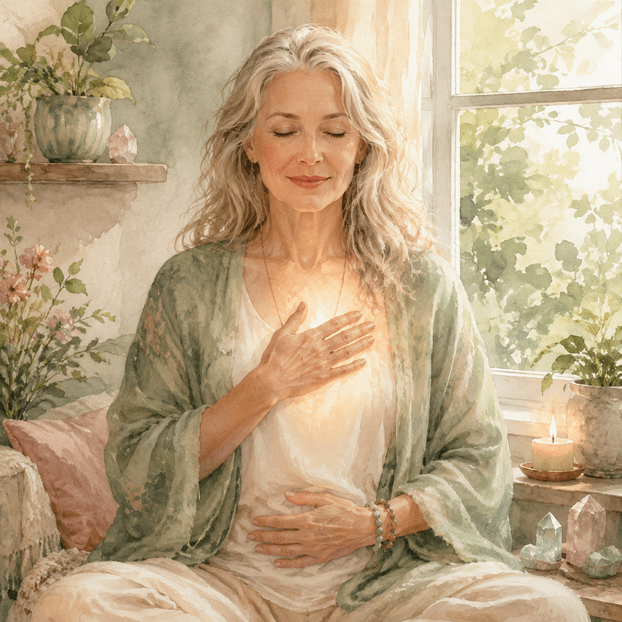 Woman practising gentle self-compassion with one hand over her heart during meditation.