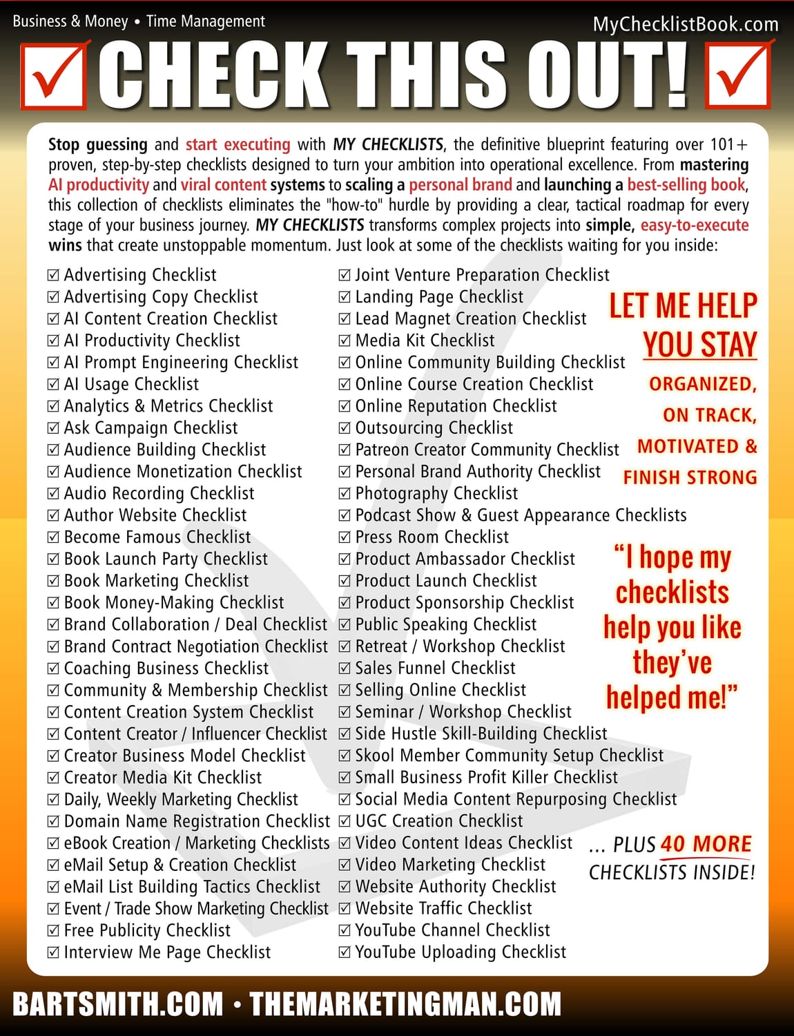 My Checklists: Over 101+ Essential Business Checklists To Build, Launch, Market & Grow Your Business by Bart Smith