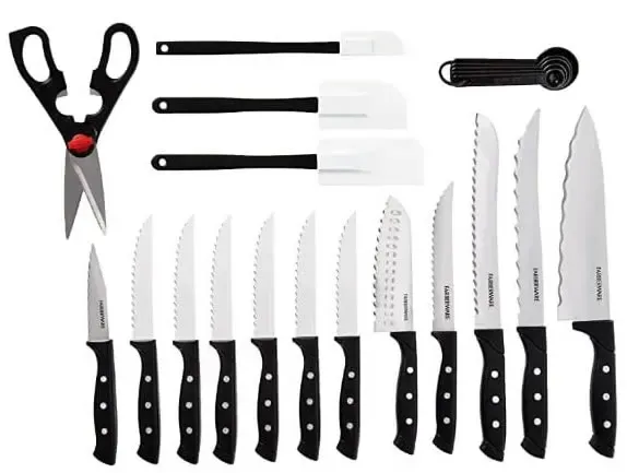 Farberware 22-Piece Triple Rivet Rust-Resistant Wave Edge High-Carbon Stainless Steel Knife Block Set, Beechwood/Black