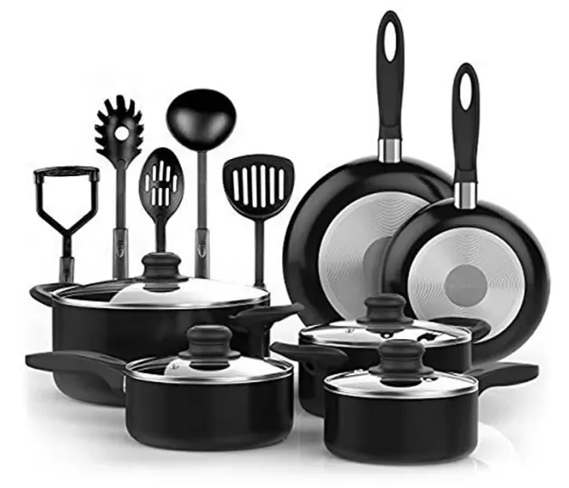 Vremi 15 Piece Nonstick Cookware Set - Durable Aluminum Pots and Pans with Cooking Utensils - Oven Safe Multi Quart Enameled Saucepans Dutch Ovens and Fry Pans with Glass Lid - Black