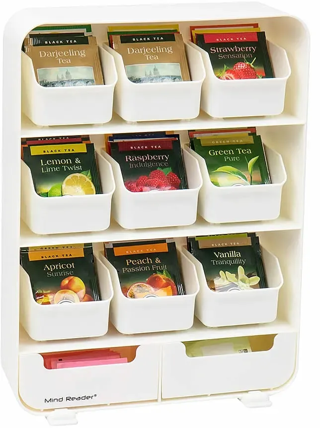 Mind Reader Tea Bag Organizer, Tea Station Organizer, Countertop Storage, Kitchen, Plastic, 10.25"L x 3.25"W x 13.75"H, White