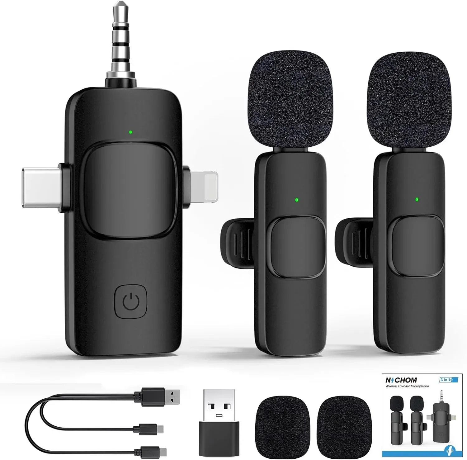 3 in 1 Wireless Microphone for iPhone, iPad, Android, Camera, Mini Microphones USB C, 12Hs Working Time, Lavalier Mic for Vlog, Podcast, TikTok, YouTube