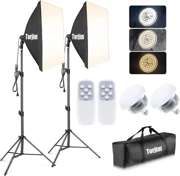 Torjim Softbox Photography Lighting Kit, 2Pcs 27" x 27" Professional Soft Box | 3000K-7500K 85W LED Bulbs with Remote