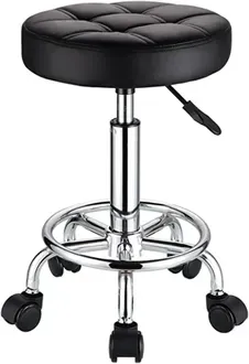Round, Height Adjustable Swivel Stool With Leather Seat & Black Wheels