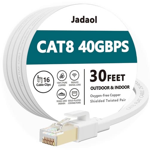 Jadaol Cat8 Ethernet Cable 30ft 40Gbps 2000MHz Flat S/FTP LAN Cable (Color: White)