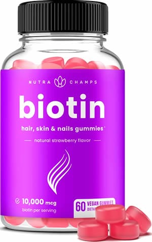 NutraChamps Biotin Gummies 10,000mcg [High Potency] for Healthy Hair, Skin & Nails Vitamins for Women, Men & Kids (5000mcg in Each Hair Vitamin)