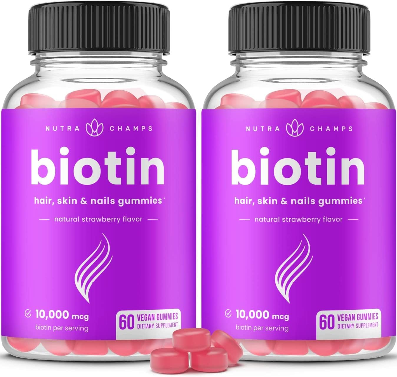 NutraChamps Biotin Gummies 10,000mcg [High Potency] for Healthy Hair, Skin & Nails Vitamins for Women, Men & Kids (5000mcg in Each Hair Vitamin)