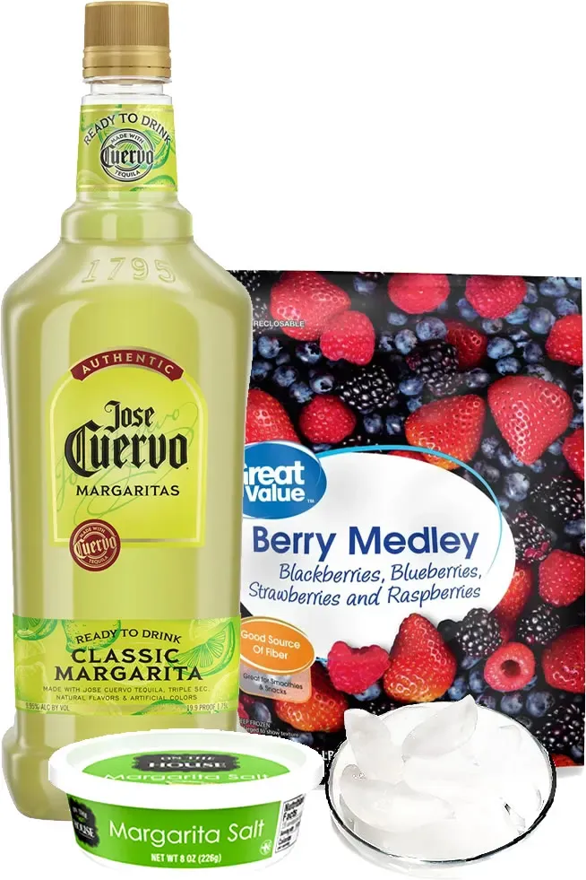 Ingredients To Make Bart's "Very Berry" Frozen "Bart-A-Ritas" Made With Frozen Raspberries, Blueberries, Blackberries & Jose Cuervo "Classic" Margarita Mix