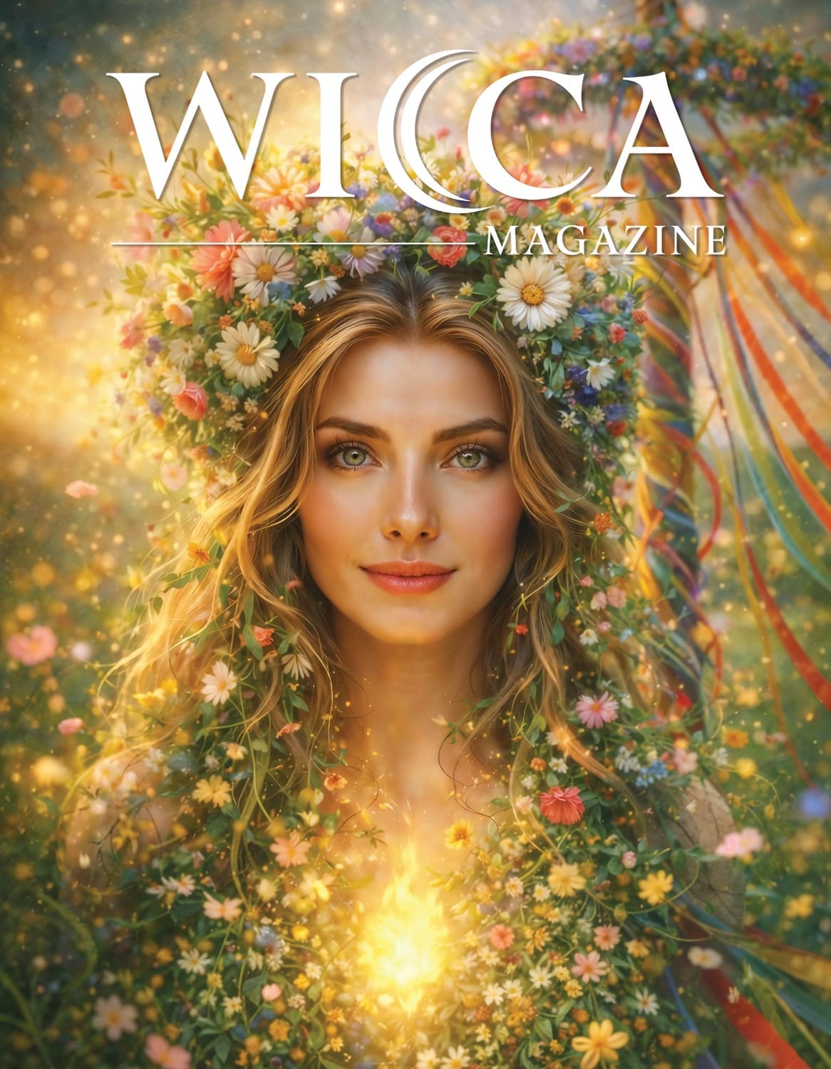 Enchanting woman with long blonde hair adorned with a floral and evergreen crown, standing in a snowy forest under a glowing full moon. She holds a decorated Yule log emitting a soft golden light, evoking magick and warmth in a serene winter setting.