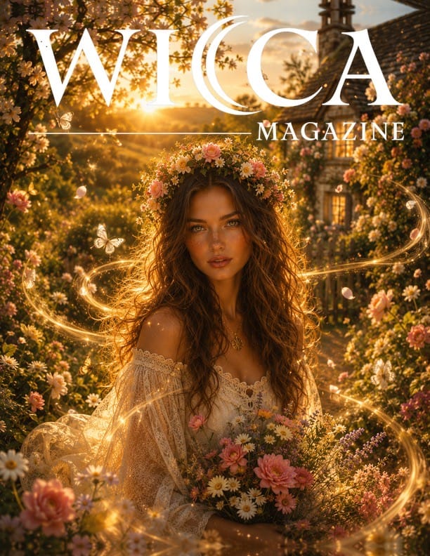 Enchanting woman with long blonde hair adorned with a floral and evergreen crown, standing in a snowy forest under a glowing full moon. She holds a decorated Yule log emitting a soft golden light, evoking magick and warmth in a serene winter setting.