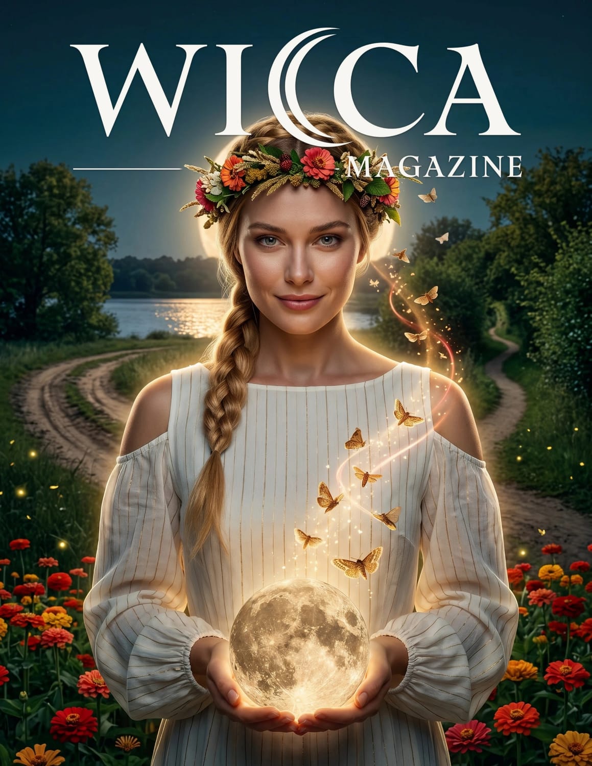 Enchanting woman with long blonde hair adorned with a floral and evergreen crown, standing in a snowy forest under a glowing full moon. She holds a decorated Yule log emitting a soft golden light, evoking magick and warmth in a serene winter setting.