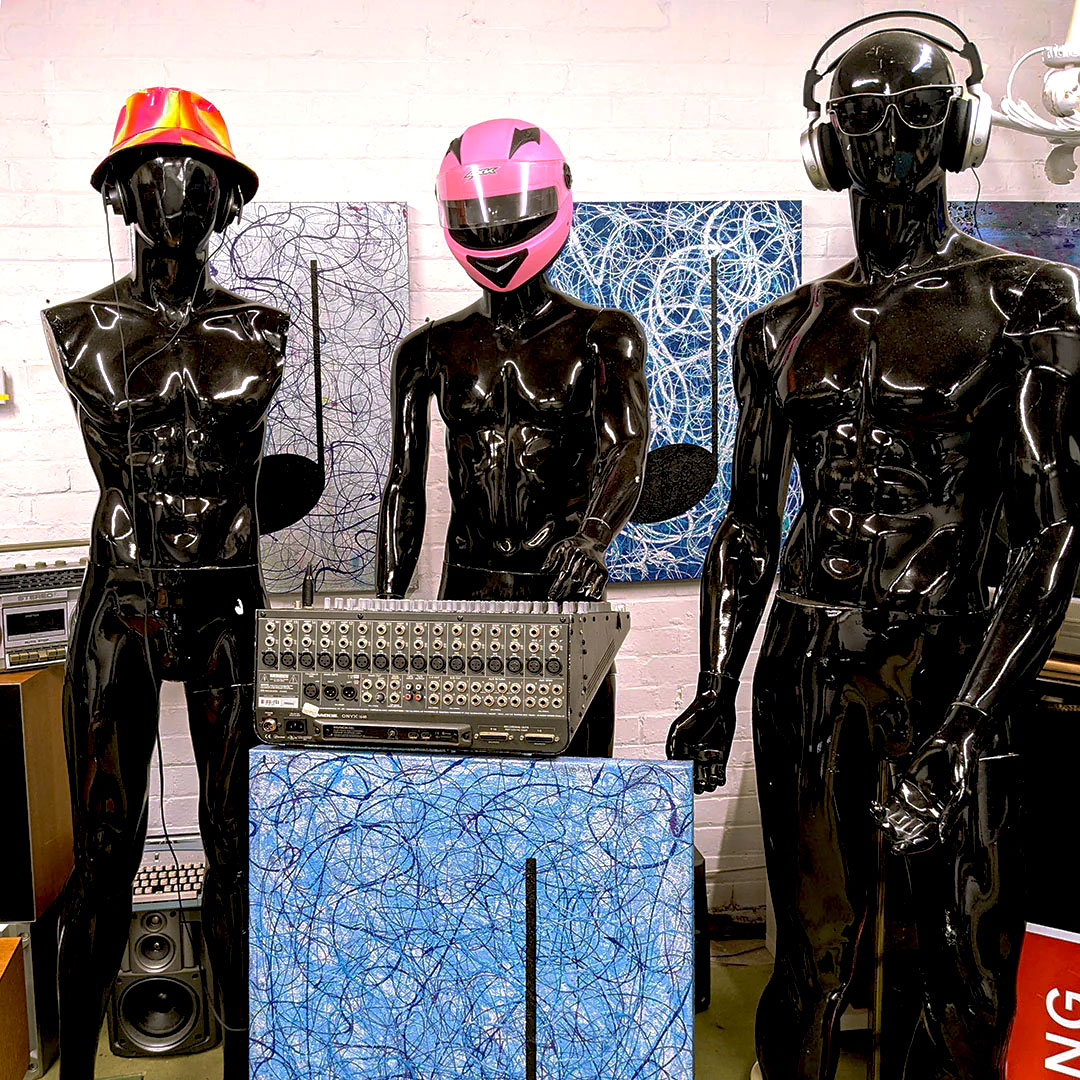 Glitched image digital artwork of a Robot Mannequin DJ