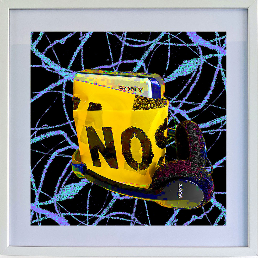 Framed digital artwork print of a  vintage Walkman wrapped in hazard tape