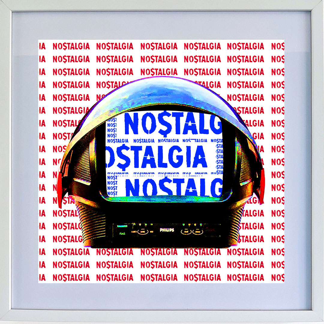 Framed digital artwork featuring a vintage Phillips space helmet television
