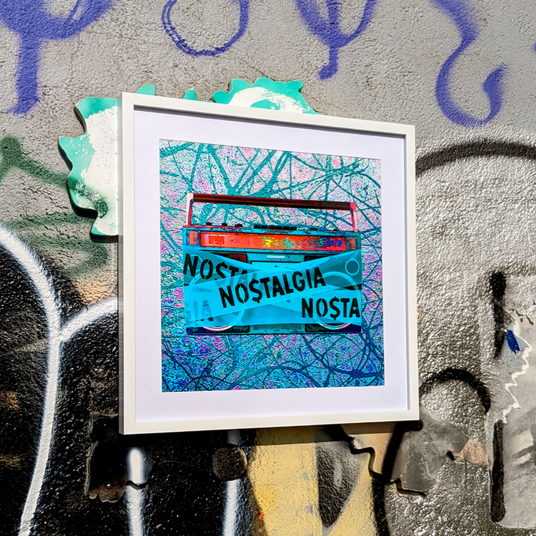 Blue Music Graffiti Painting hanging on a street mural