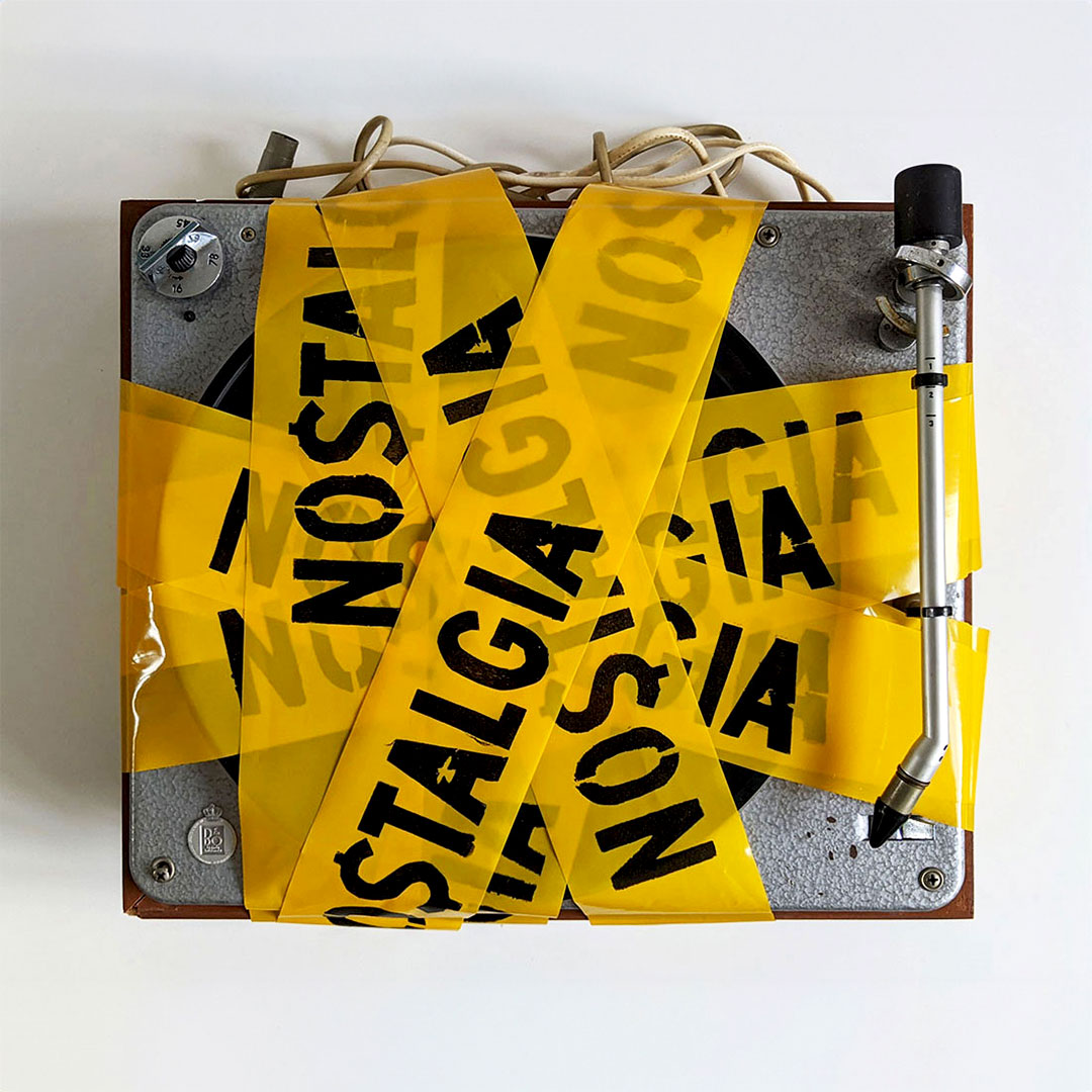 Conceptual artwork of a vintage turntable wrapped in hazard tape