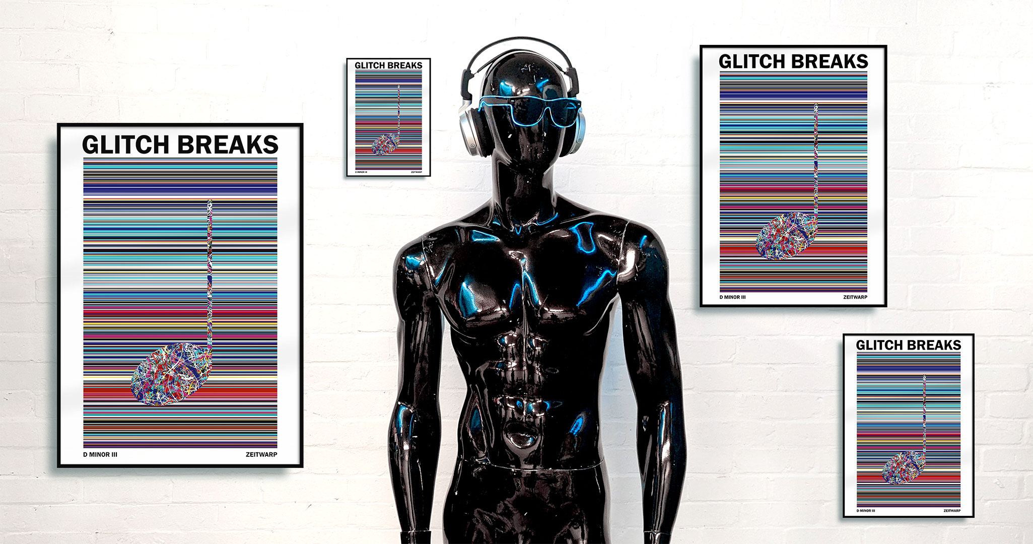 Black mannequin with headphones and sunglasses standing in front of a white wall with four framed art prints in different sizes