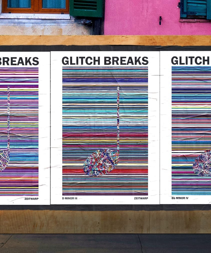 A street scene with glued posters advertising a digital art exhibition