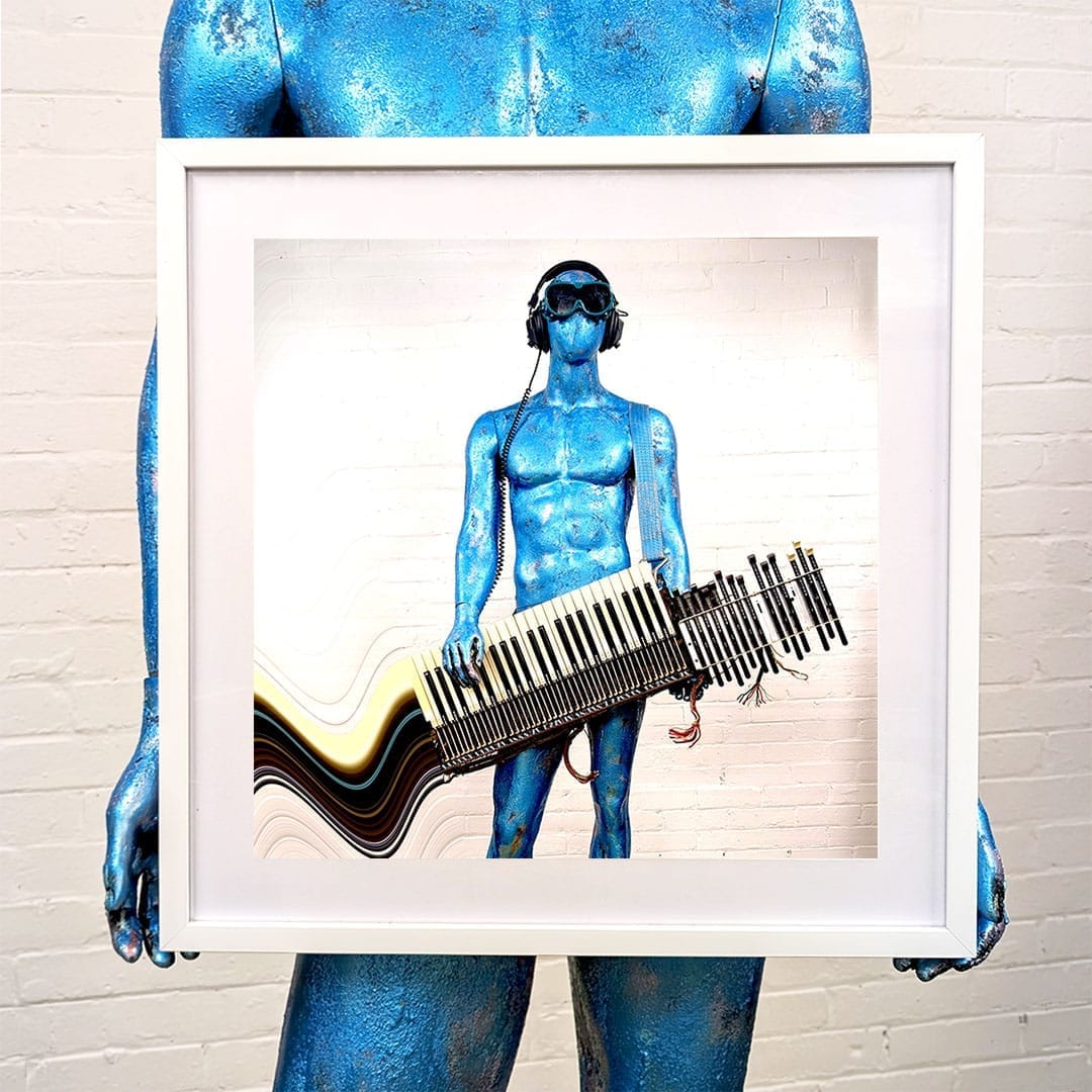 Glitched image digital artwork of a Robot Mannequin DJ