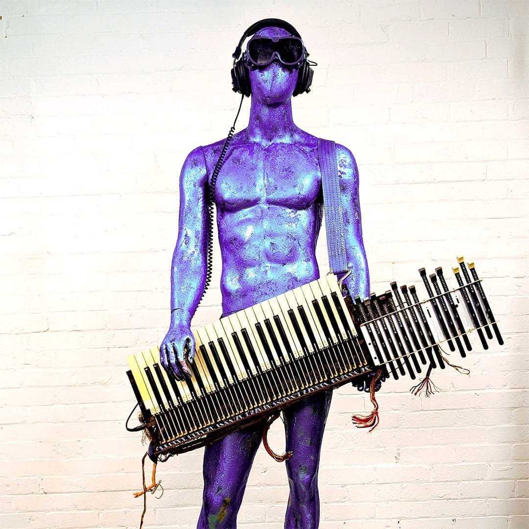 Glitched image digital artwork of a Robot Mannequin DJ