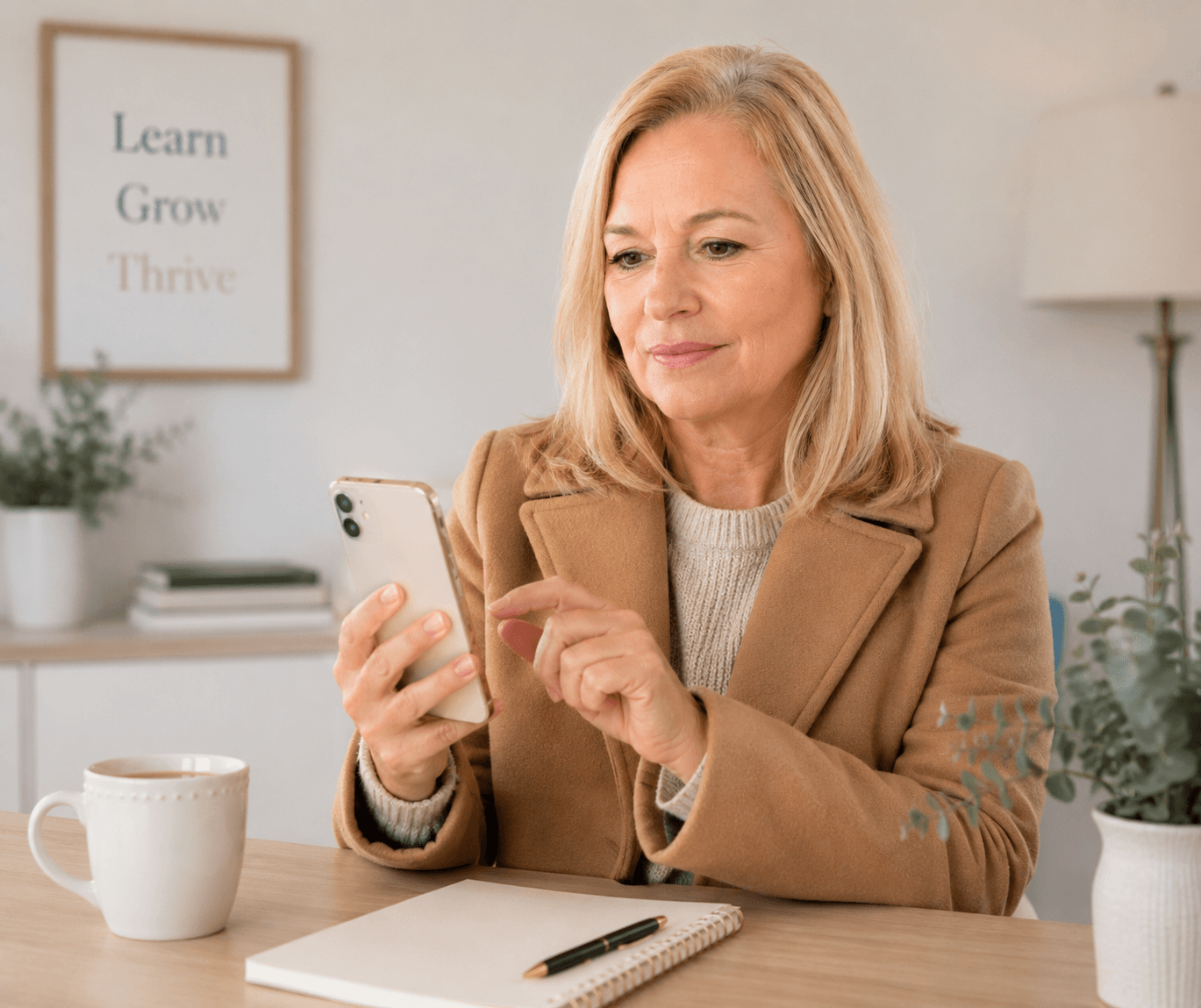 Elsa Ramsay, founder of Prodigy eLearn, creating digital marketing content on her smartphone while enjoying a coffee.