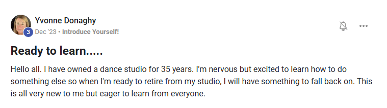 A new learner over 50 sharing her excitement about starting to learn digital marketing and online skills.