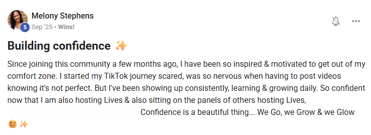 Community member sharing how learning digital marketing and creating content consistently helped build confidence online through step-by-step training.