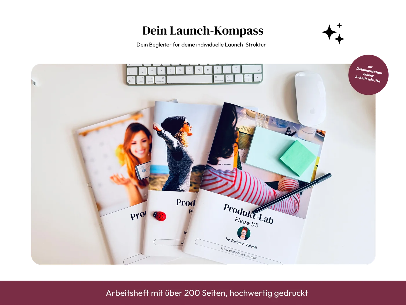 Drei gedruckte Arbeitshefte, dein Launch-Kompass