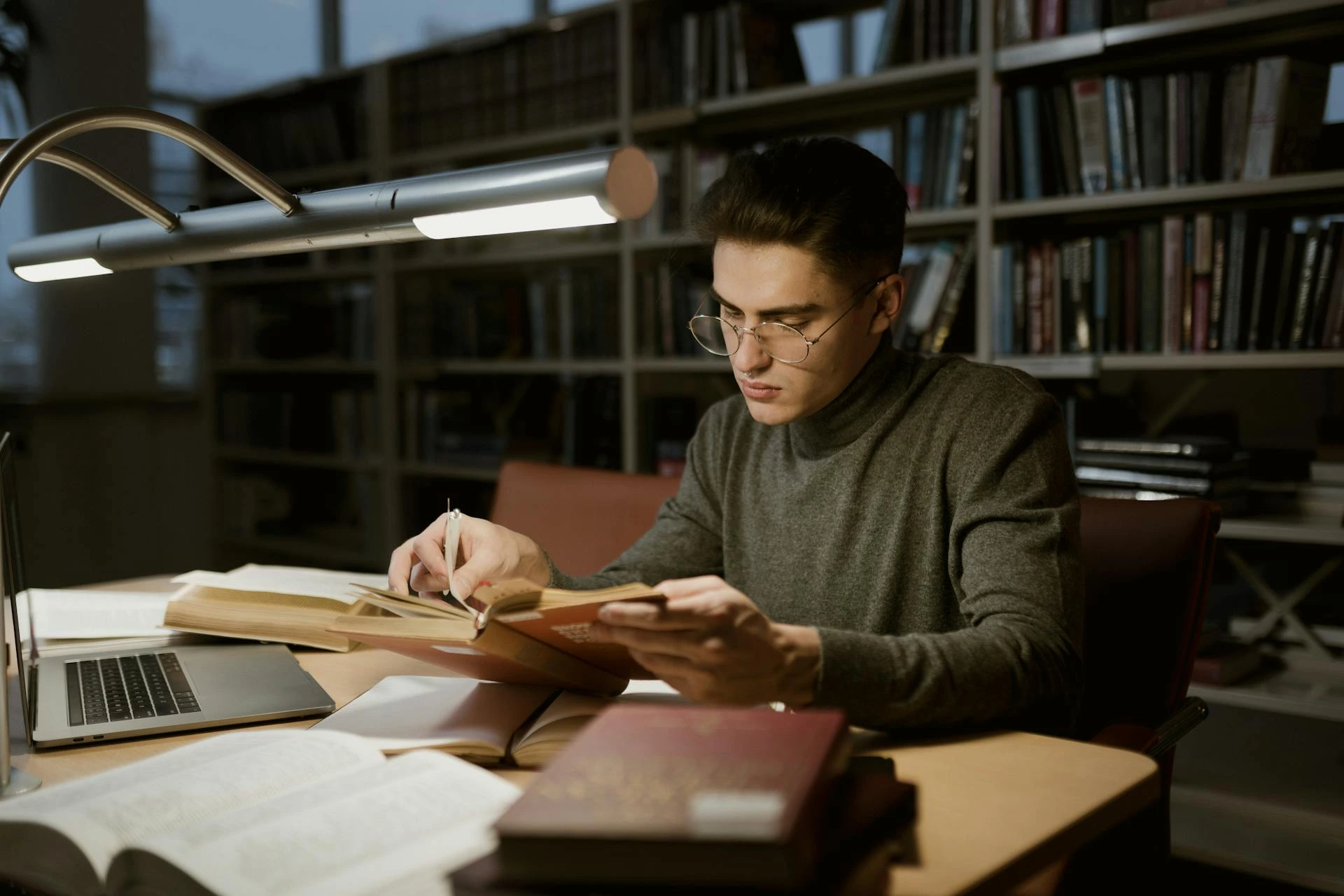 Man Reading in Library
