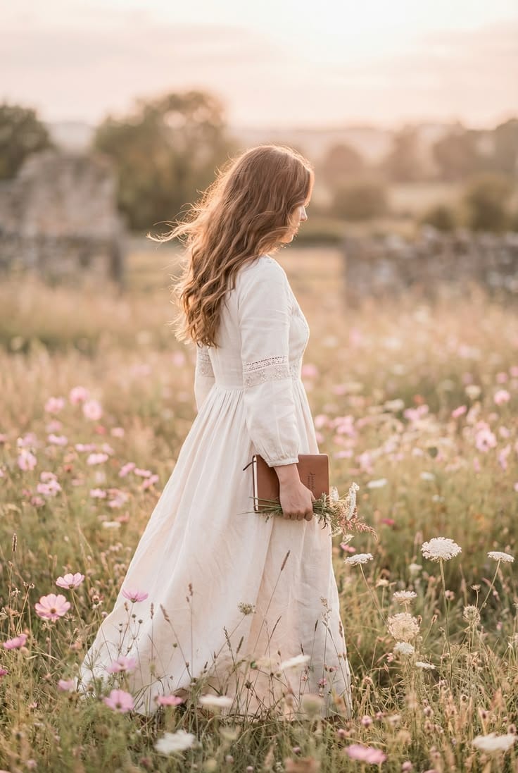 Mujer con vestido blanco caminando entre flores al atardecer, sosteniendo una Biblia.