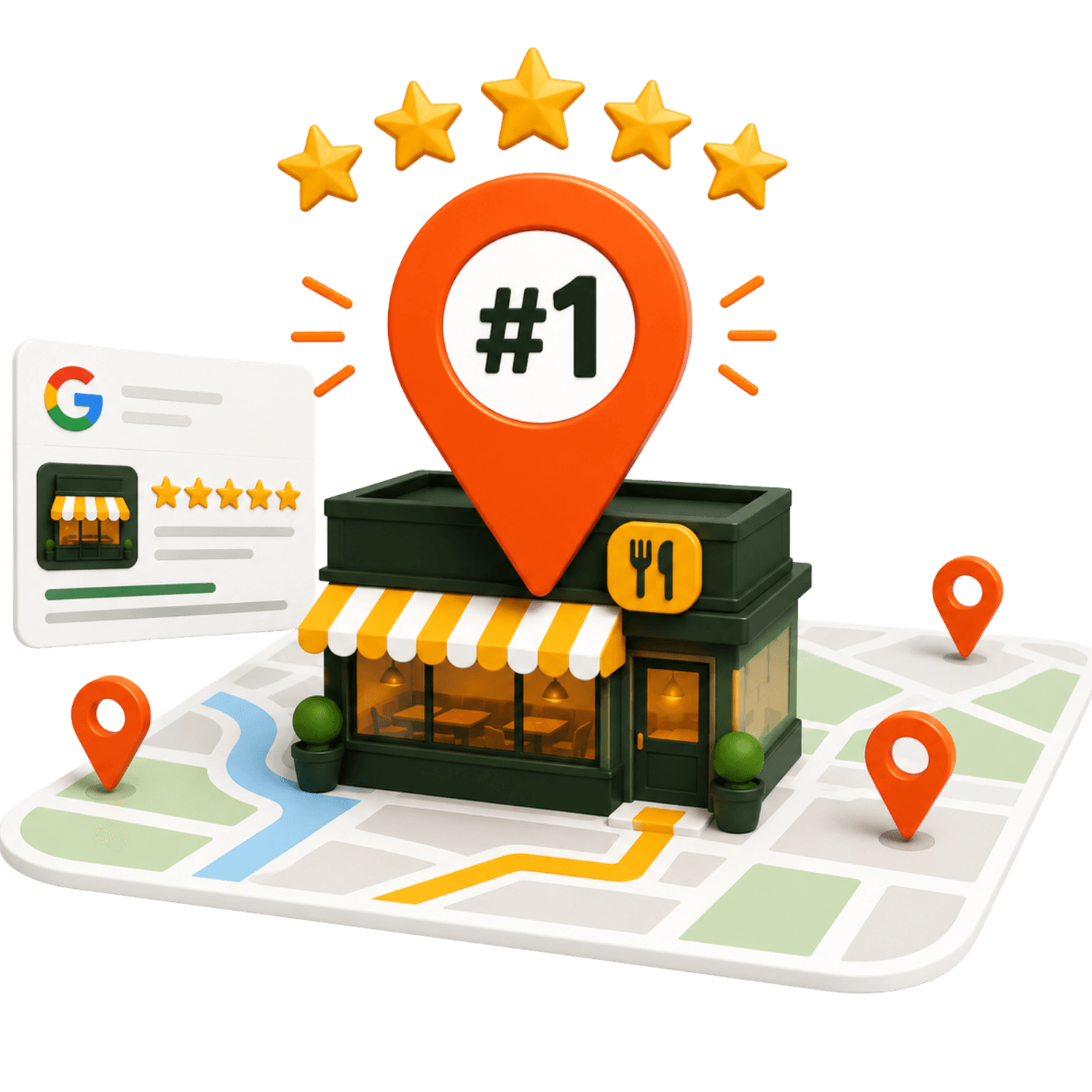 Illustration of a local restaurant on a map with a number one location pin