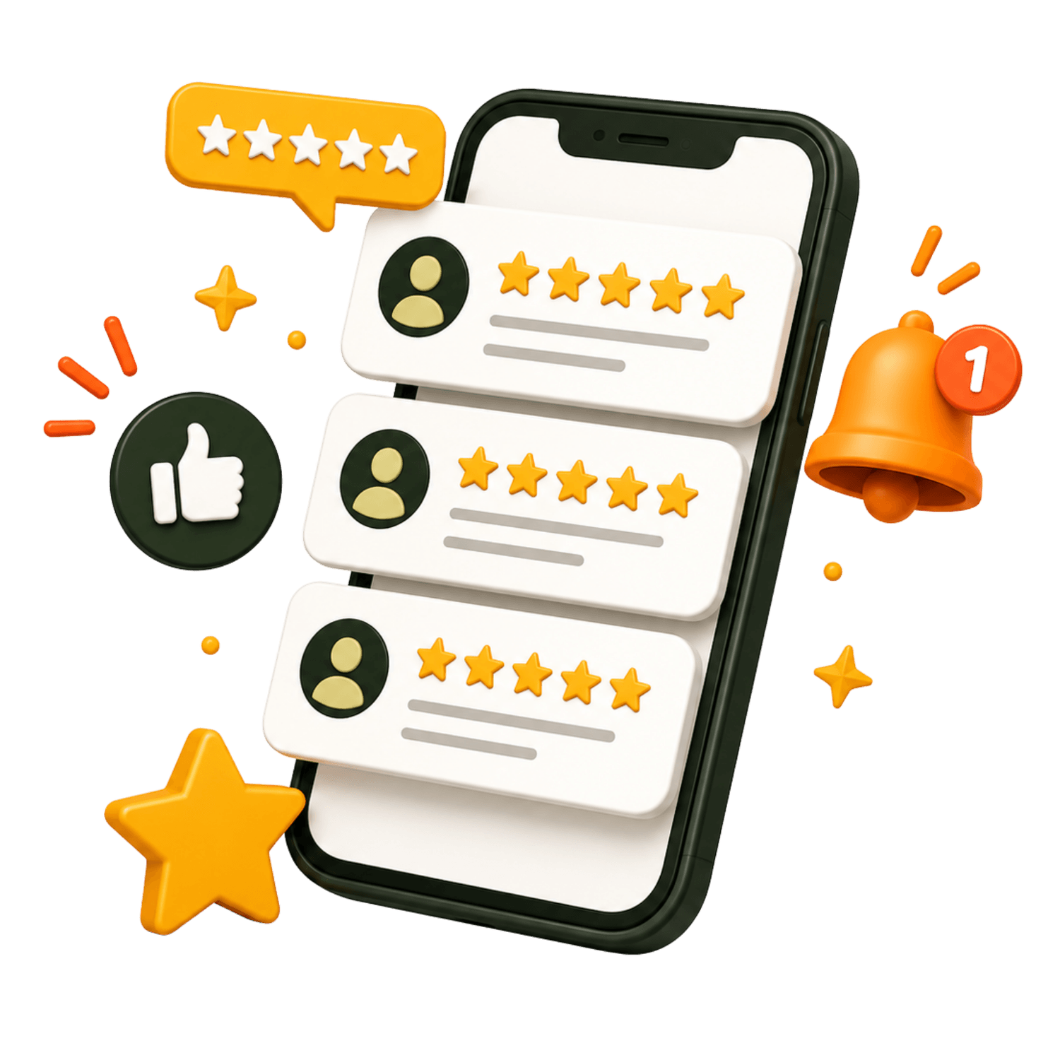 Illustration of a phone showing customer reviews and a notification bell