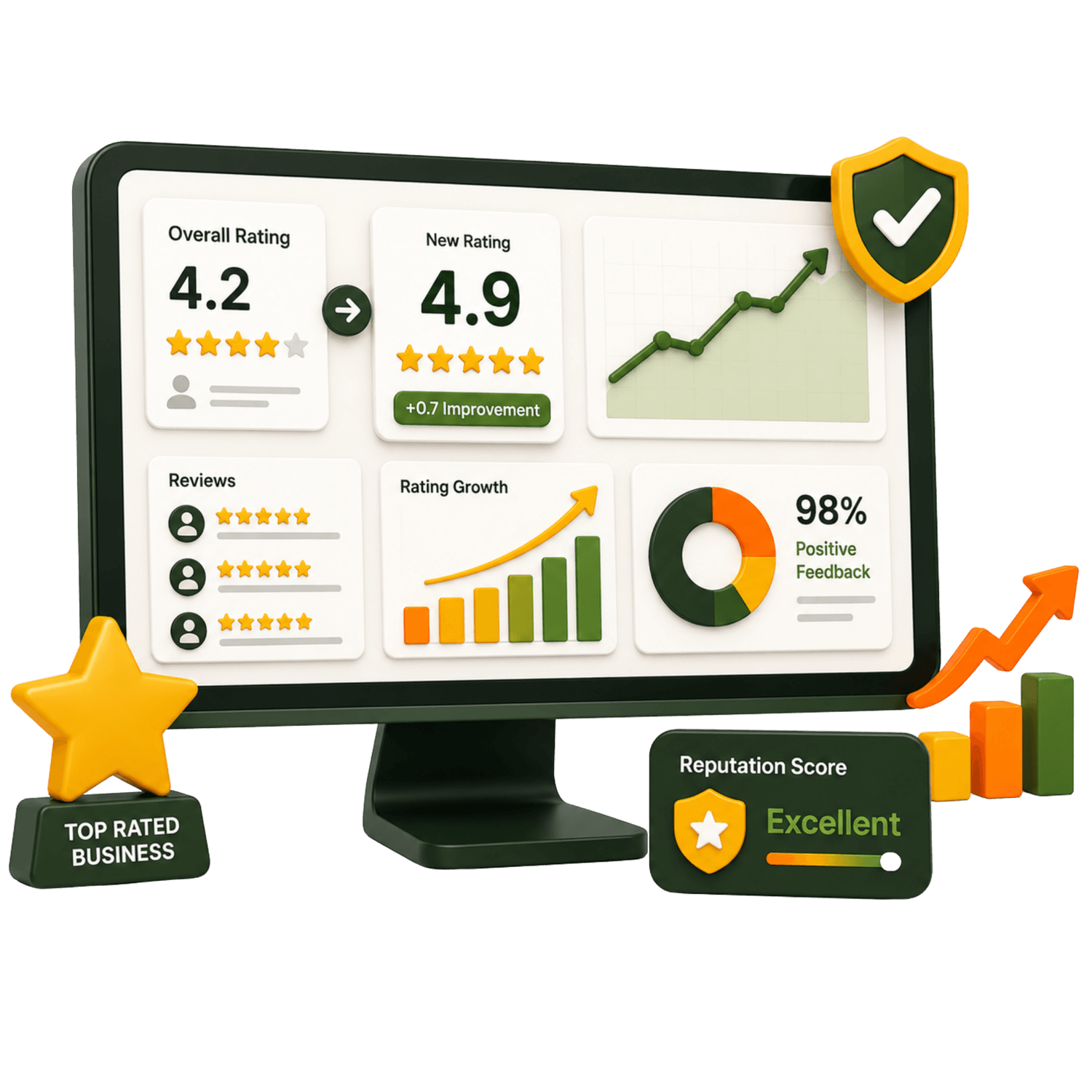 Illustration of a laptop showing business performance charts