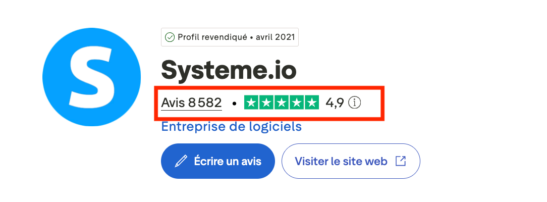 Profil Systeme.io sur Trustpilot