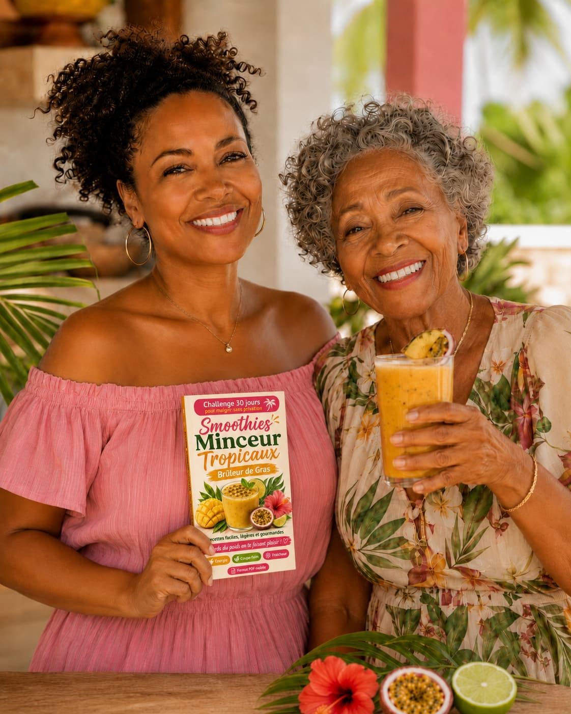 Femme antillaise avec smoothie tropical