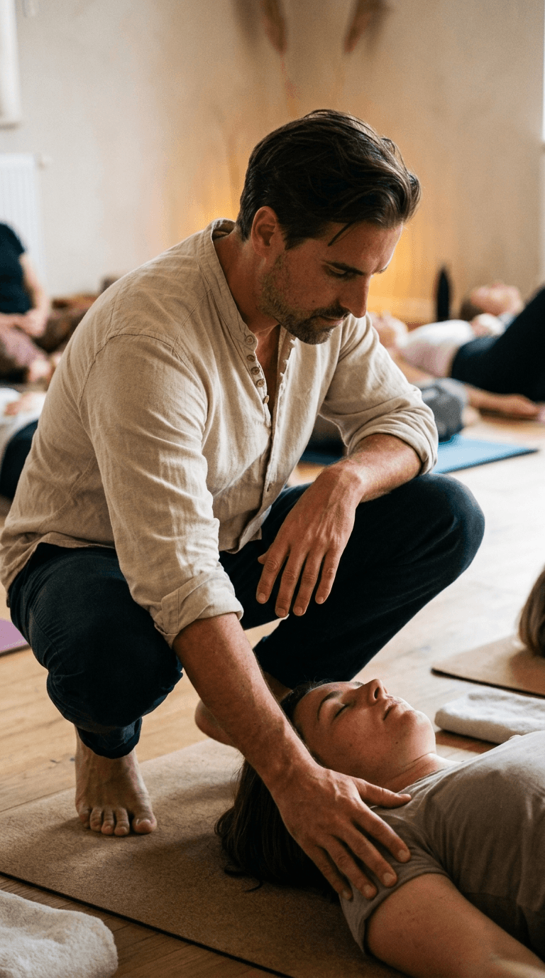 Moment de méditation guidée pendant le Reset Protocol — ambiance intime