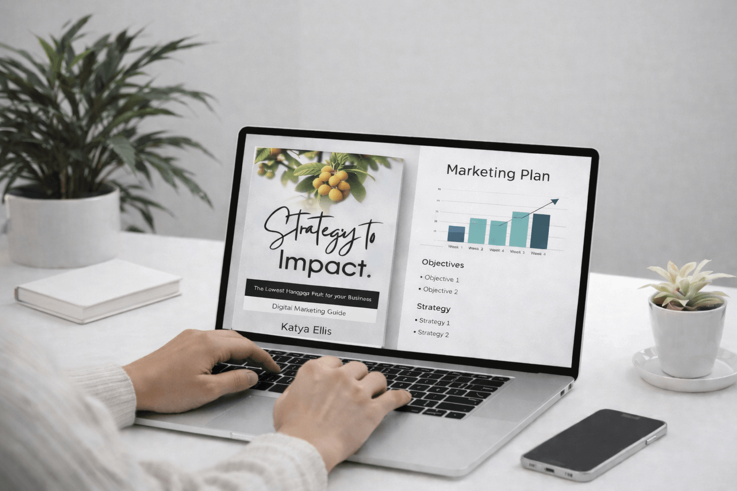 Laptop with Strategy to Impact marketing plan.