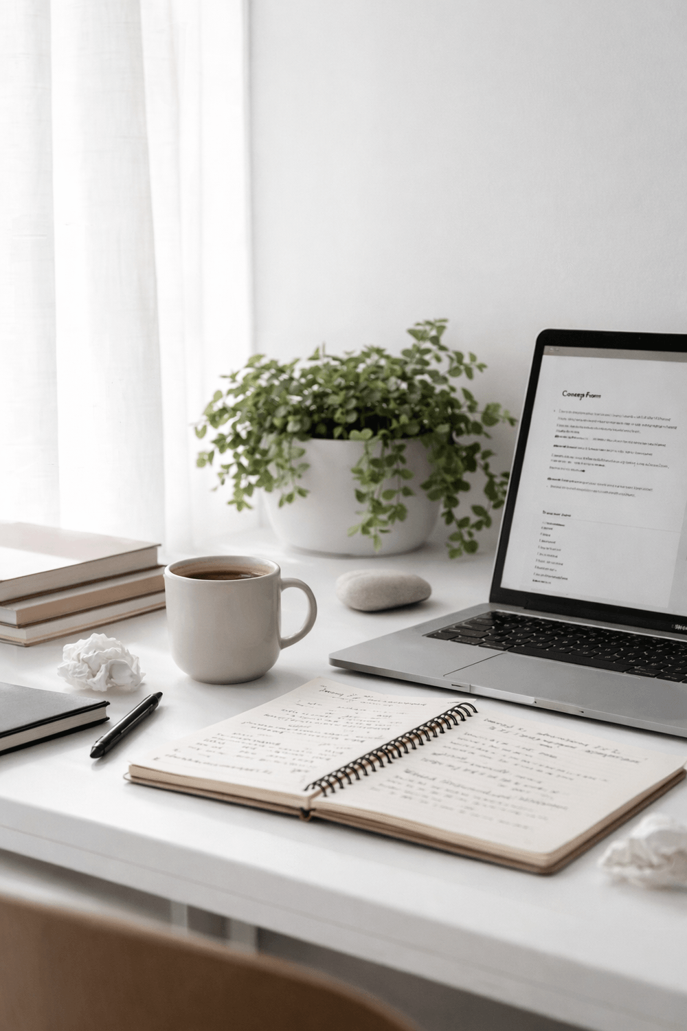 Laptop, notebook, and coffee on a desk, representing remote work, productivity, and business tasks.