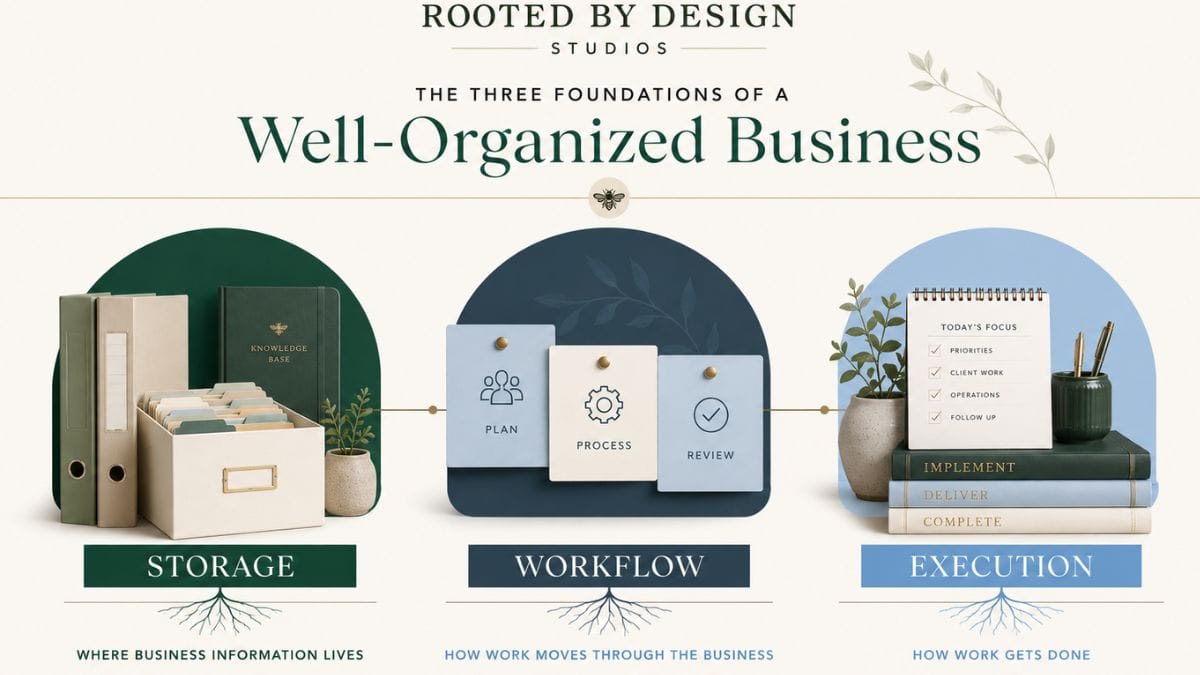 Rooted Business Foundations Framework showing storage, workflow, and execution and how these three elements support business organization, systems, and daily operations.
