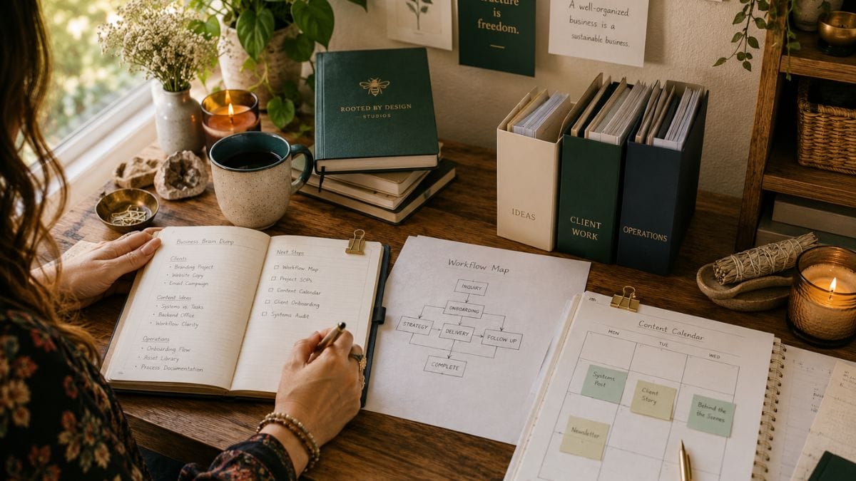 Realistic business workspace showing a small business owner organizing workflows, notes, content planning, and operational systems as business growth begins to outpace existing organization methods.