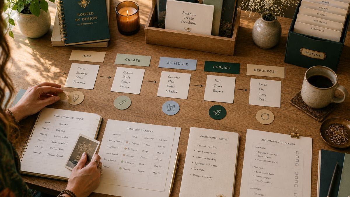 Creative business workflow showing how simple automations connect repetitive tasks, content management, and business operations into a smoother process.