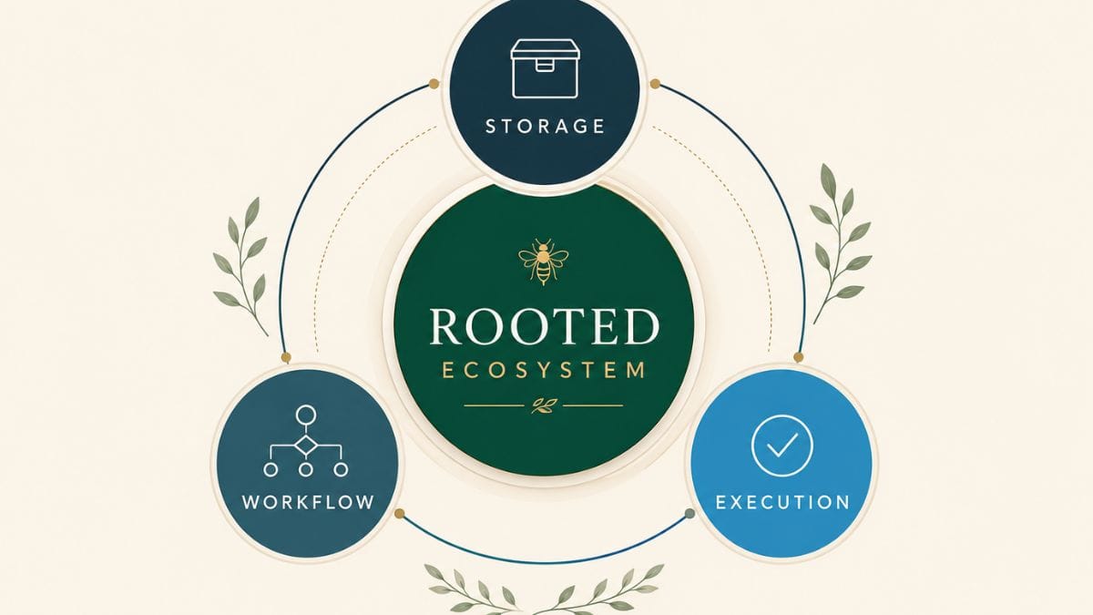 Business ecosystem graphic illustrating how storage, workflows, and daily execution connect to support business organization, operations, and long-term growth.