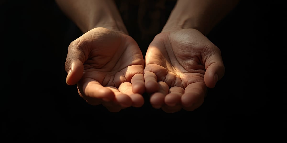 two open hands, warm golden light, dark background