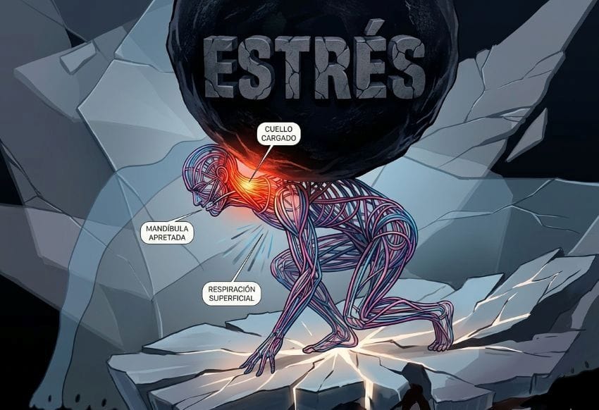 Ilustración conceptual de una figura humana de alambre bajo una gran roca que dice "estrés", con puntos rojos que señalan el cuello cargado y la mandíbula apretada.