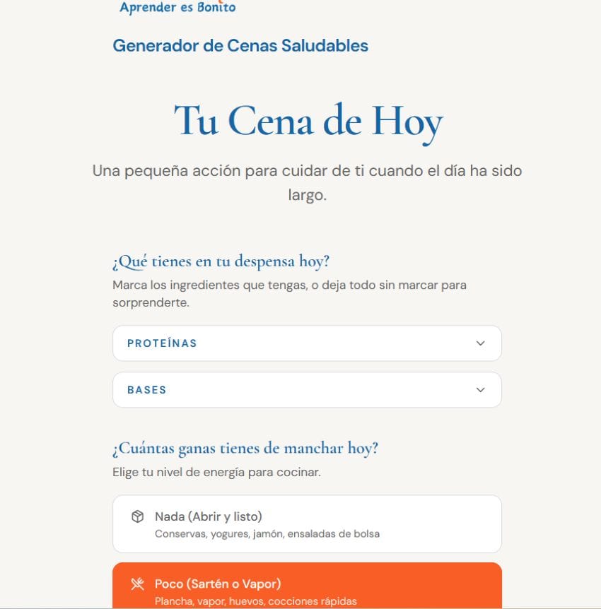 pantallazo del generador de cenas saludables