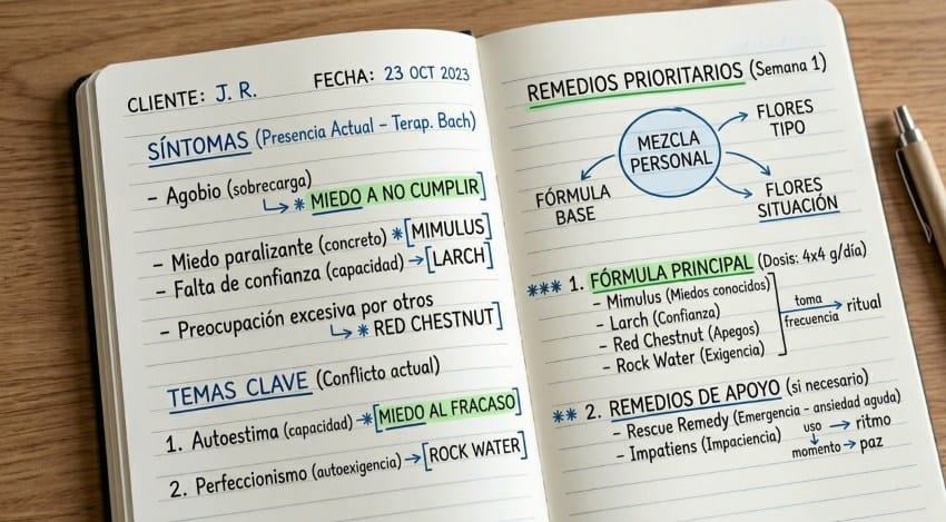 cuaderno donde se ve organizar sintomas de flores de bach en consulta