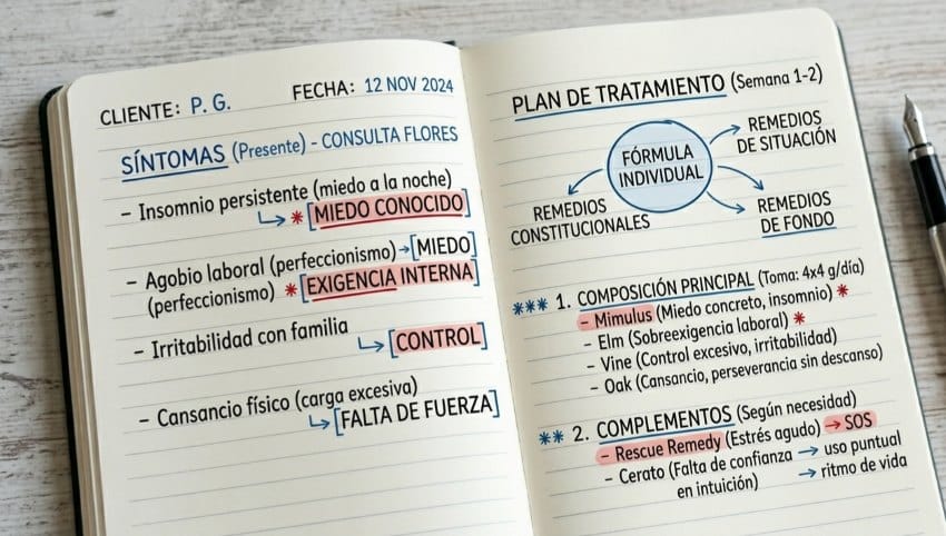 notas de una consulta de Flores de Bach con estructura y orden