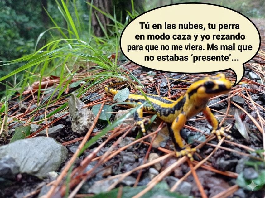 Salamandra común en el suelo de un bosque húmedo durante un paseo para despejar la mente caminando.